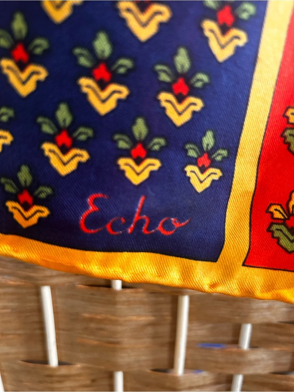 Vintage Echo Scarf Mediterranean Floral Rolled Edges Geometric Red Navy Gold